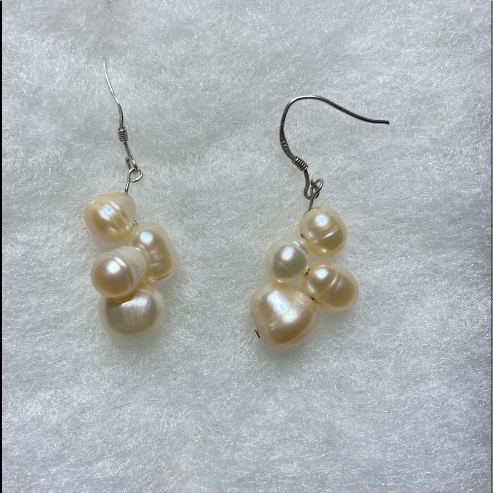 VINTAGE 925SS FRESHWATER CULTURED PEARL DANGLE EARRING 7-8MM